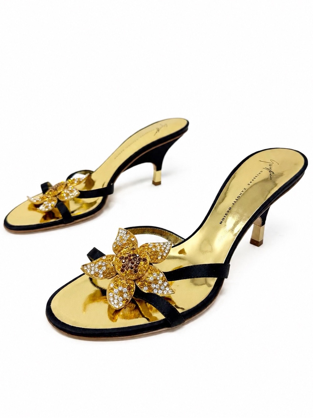 Giuseppe Zanotti Crystal Flower Gold Slide Sandal Heels Womens Size EU 39.5
